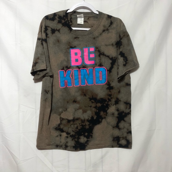 Be Kind Graphic Tee Mens Womens L Black Bleach Dyed Neon Pink Blue T-Shirt - Picture 4 of 7